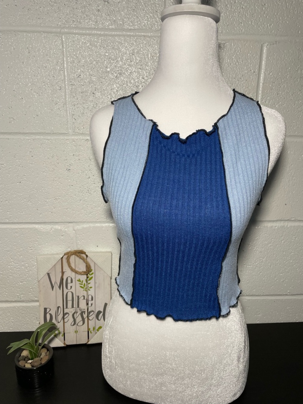 SHEIN Blue Colorblock Ribbed Crop‎ Tank Top